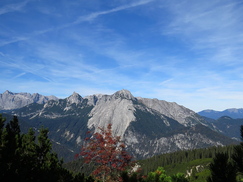 A clear view of the rugged, rocky Große Arnspitze mountain peak rising above dark green coniferous forests under a bright blue sky.