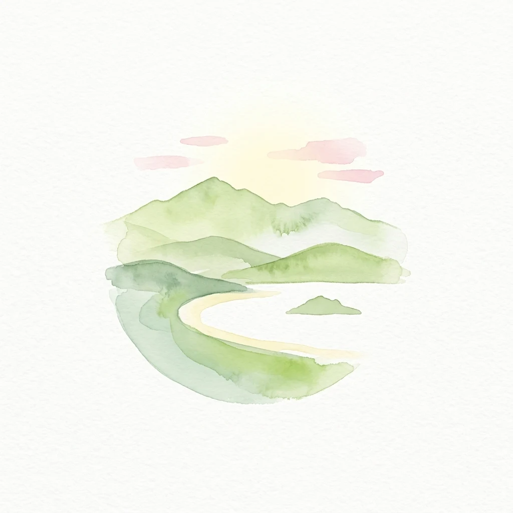 Watercolor painting showing green mountains, a winding river, and a light-colored path under a pale sky with pink clouds