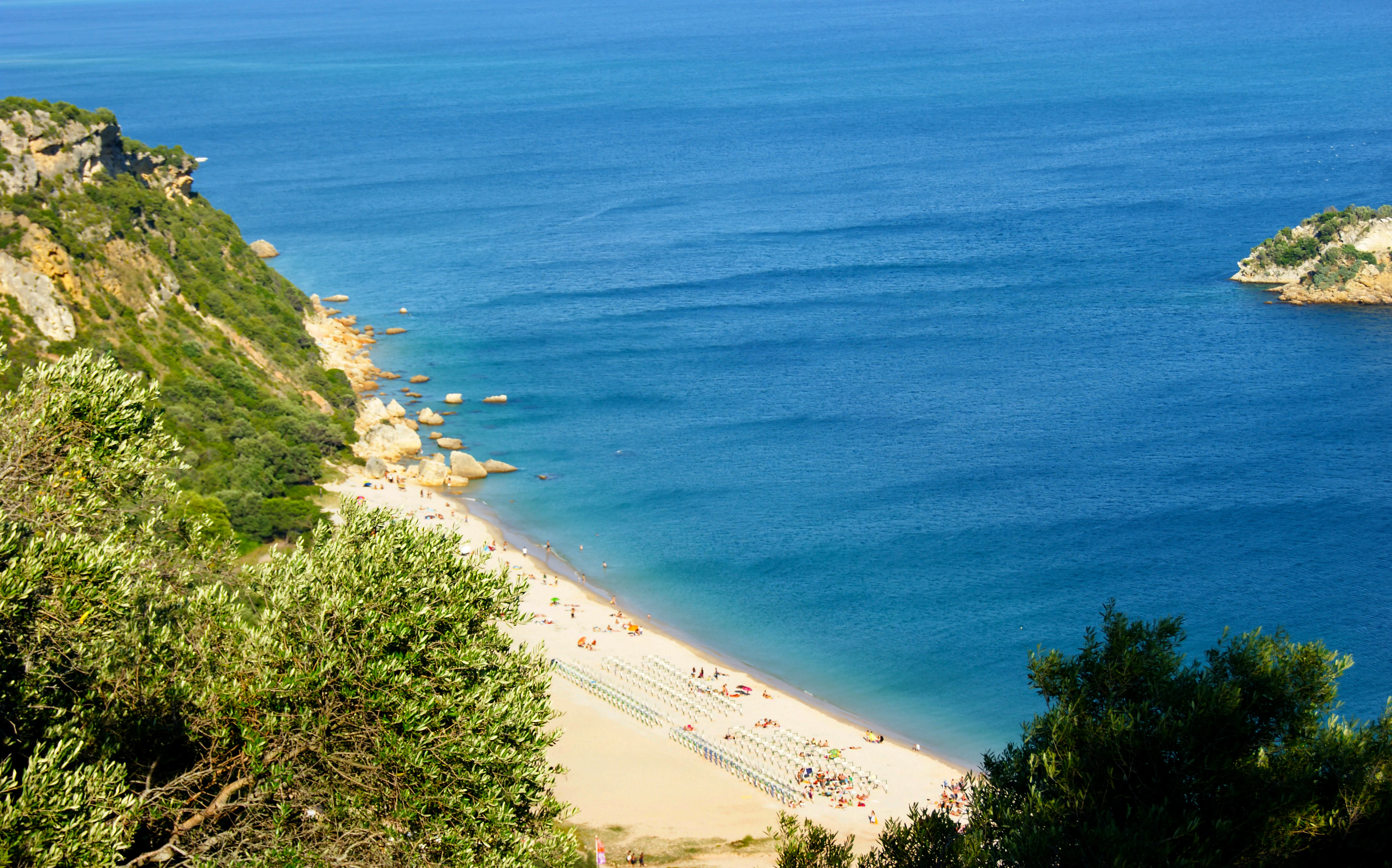 Cliffside view of a sandy beach with blue ocean water, rocky coastline, and green vegetation in the foreground