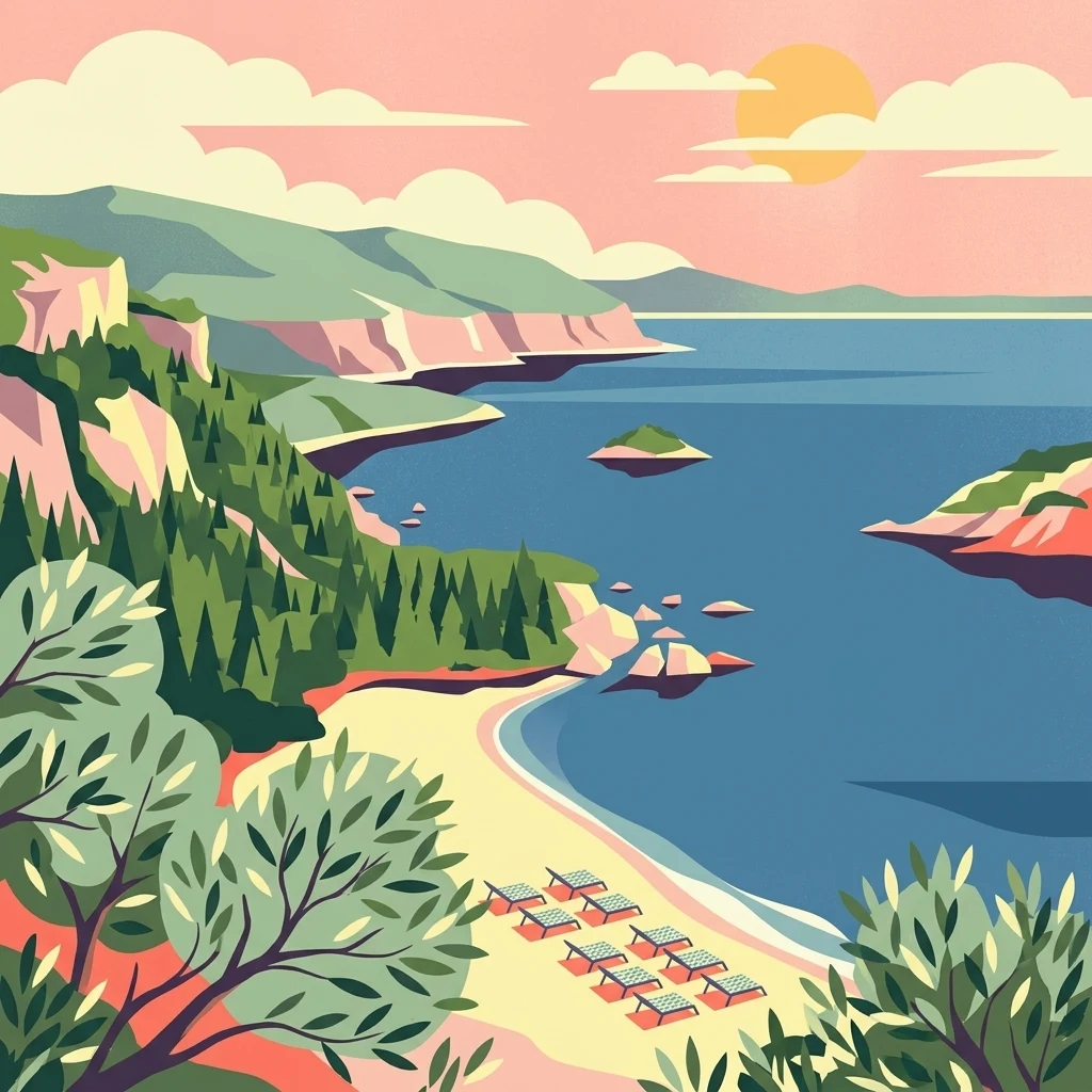 Sandy beach with red lounge chairs, rocky cliffs, green forested hills, and blue ocean under a pink and orange sky with clouds