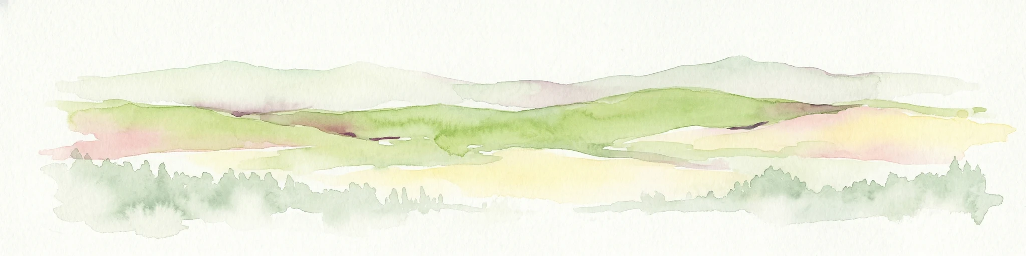 Ilustración de acuarela que muestra colinas onduladas, vegetación y montañas distantes bajo un cielo claro.