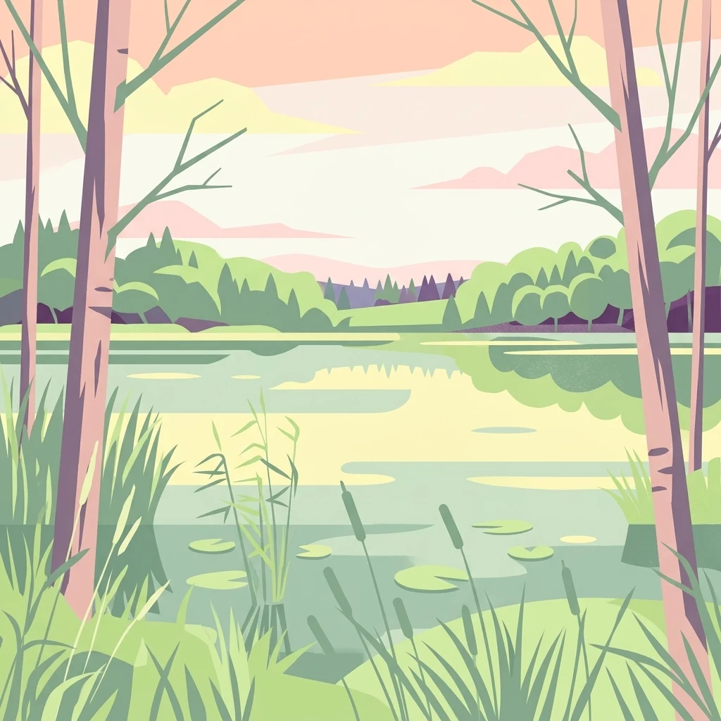 Una ilustración digital de estilo plano de un lago tranquilo rodeado de árboles, juncos y nenúfares bajo un cielo de atardecer de colores pastel y suaves tonos.