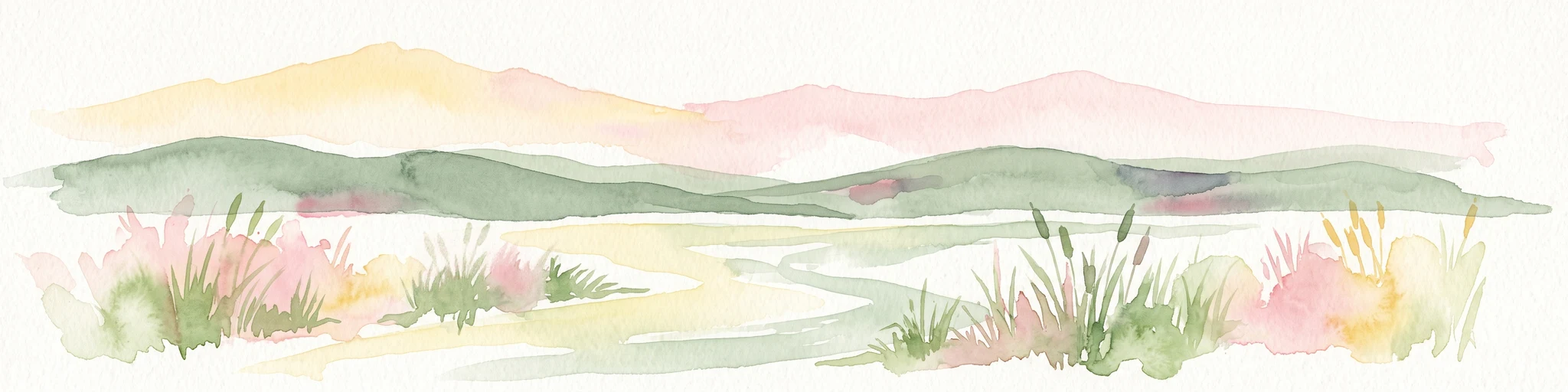 A horizontal watercolor painting depicting a gentle, rolling green landscape with tall grasses in the foreground and soft hills in the background.