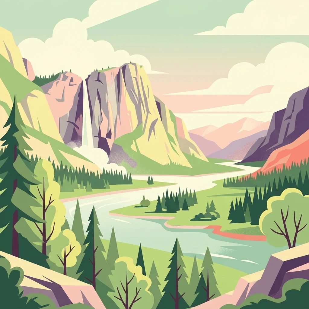 Una ilustración digital de estilo plano de un paisaje montañoso escénico con una cascada que cae por un acantilado, un río que fluye a través de un valle boscoso y nubes estilizadas.