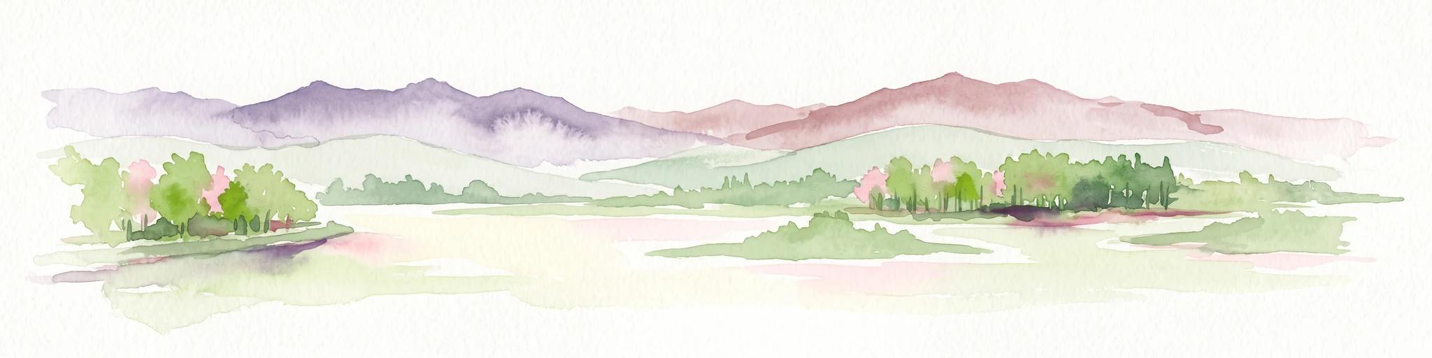 Watercolor painting of a calm body of water surrounded by greenery and distant mountains under a light sky.