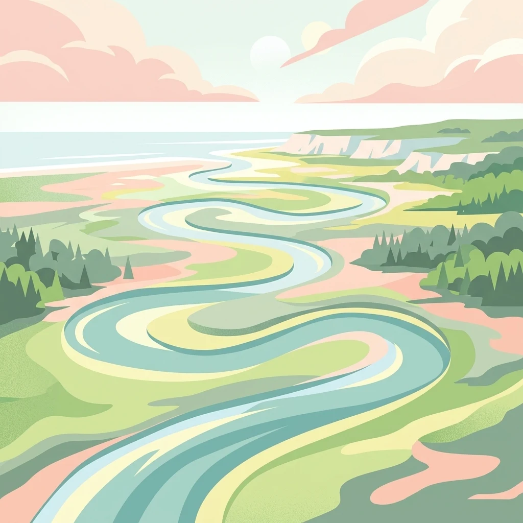A flat-style digital illustration showing a winding river flowing through a lush coastal estuary under a pastel-colored sky.