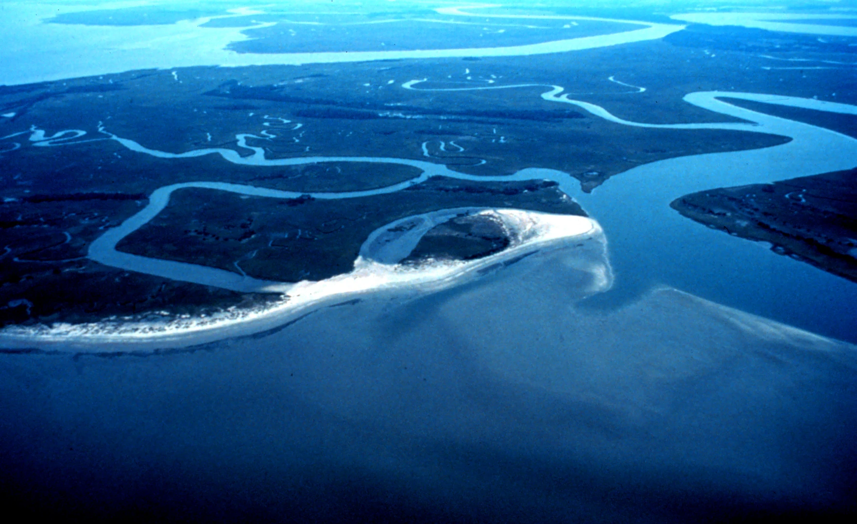 An aerial view of Otter Island showing a sandy shoreline and complex network of winding tidal creeks flowing into the dark blue water.