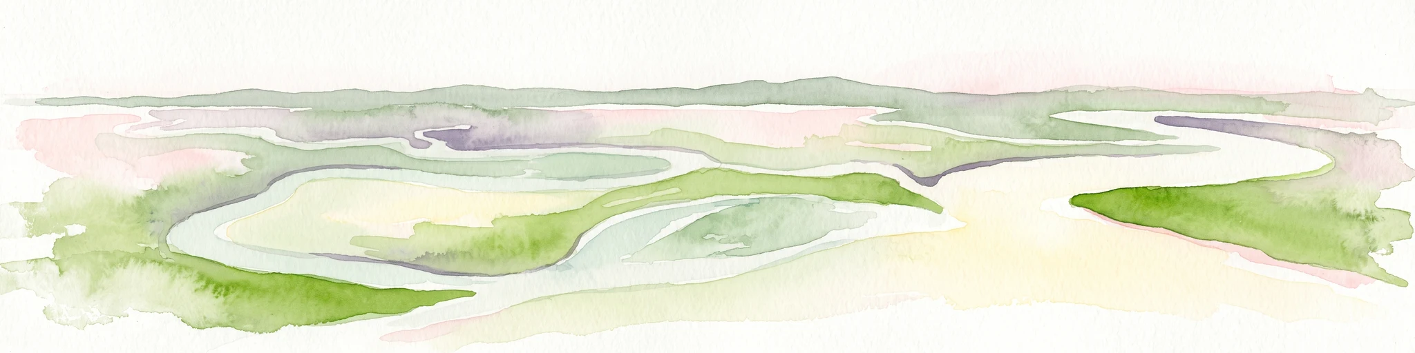 Una pintura minimalista en acuarela que muestra una vasta marisma costera con arroyos de marea serpenteantes e islas verdes bajo un cielo brillante y abierto.