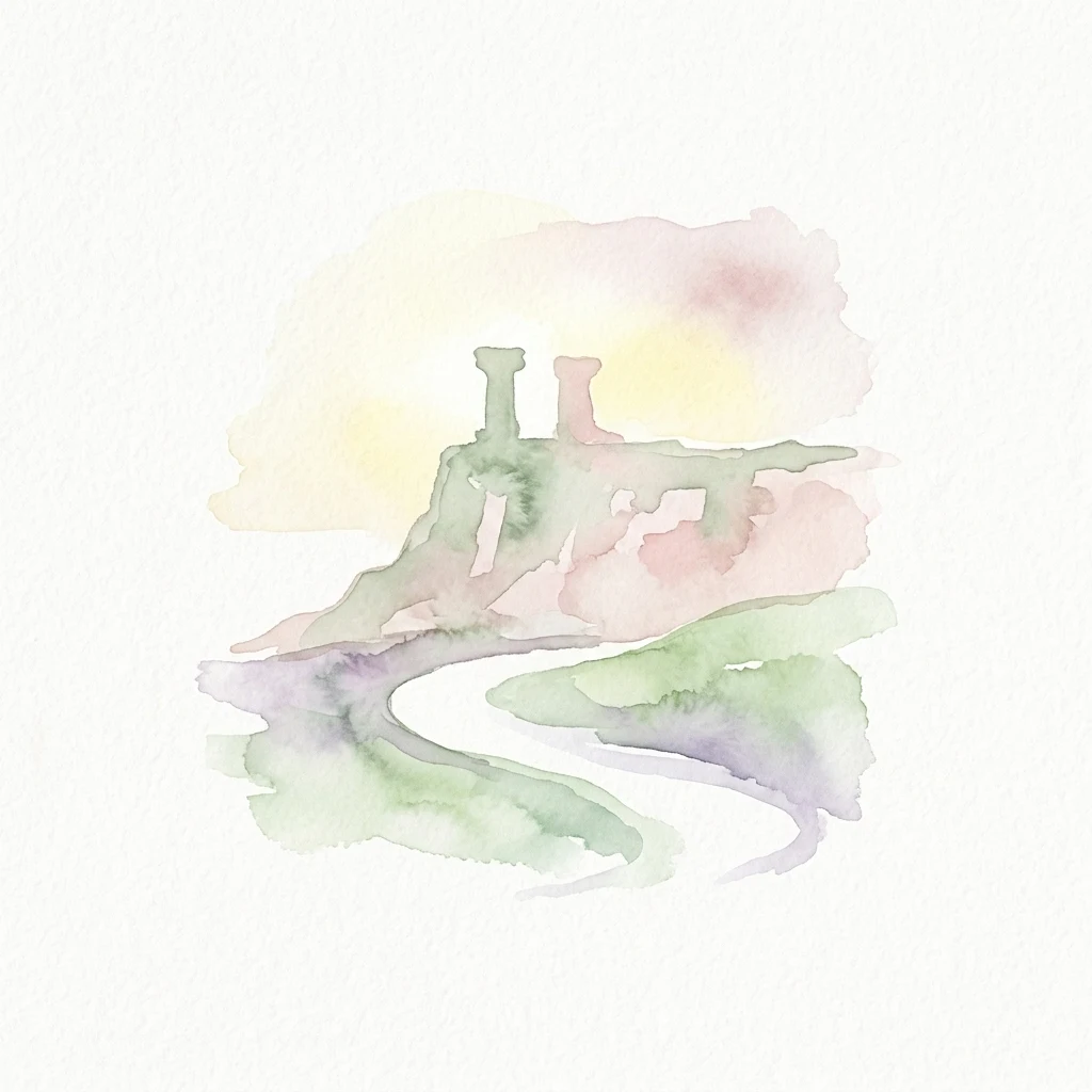 Watercolor illustration of ancient stone ruins with two towers on a cliff overlooking a winding path
