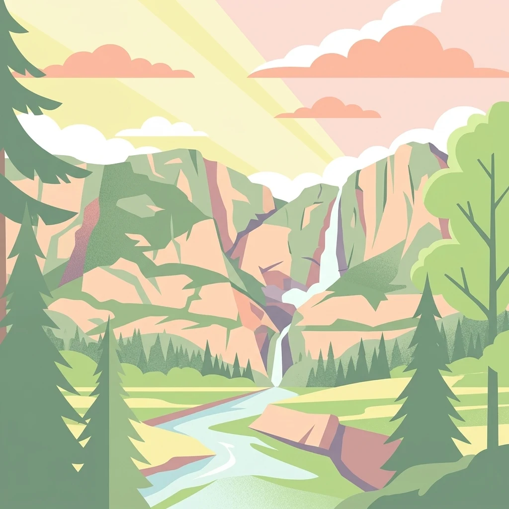 Ilustración estilizada que muestra montañas, cascada, río y pinos bajo un cielo con nubes