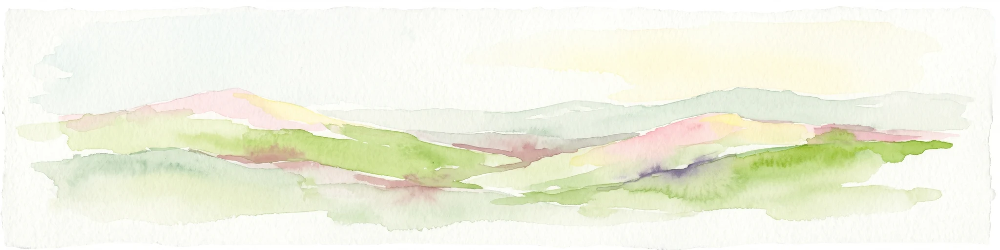 Watercolor painting of rolling hills with pink, green, and purple hues