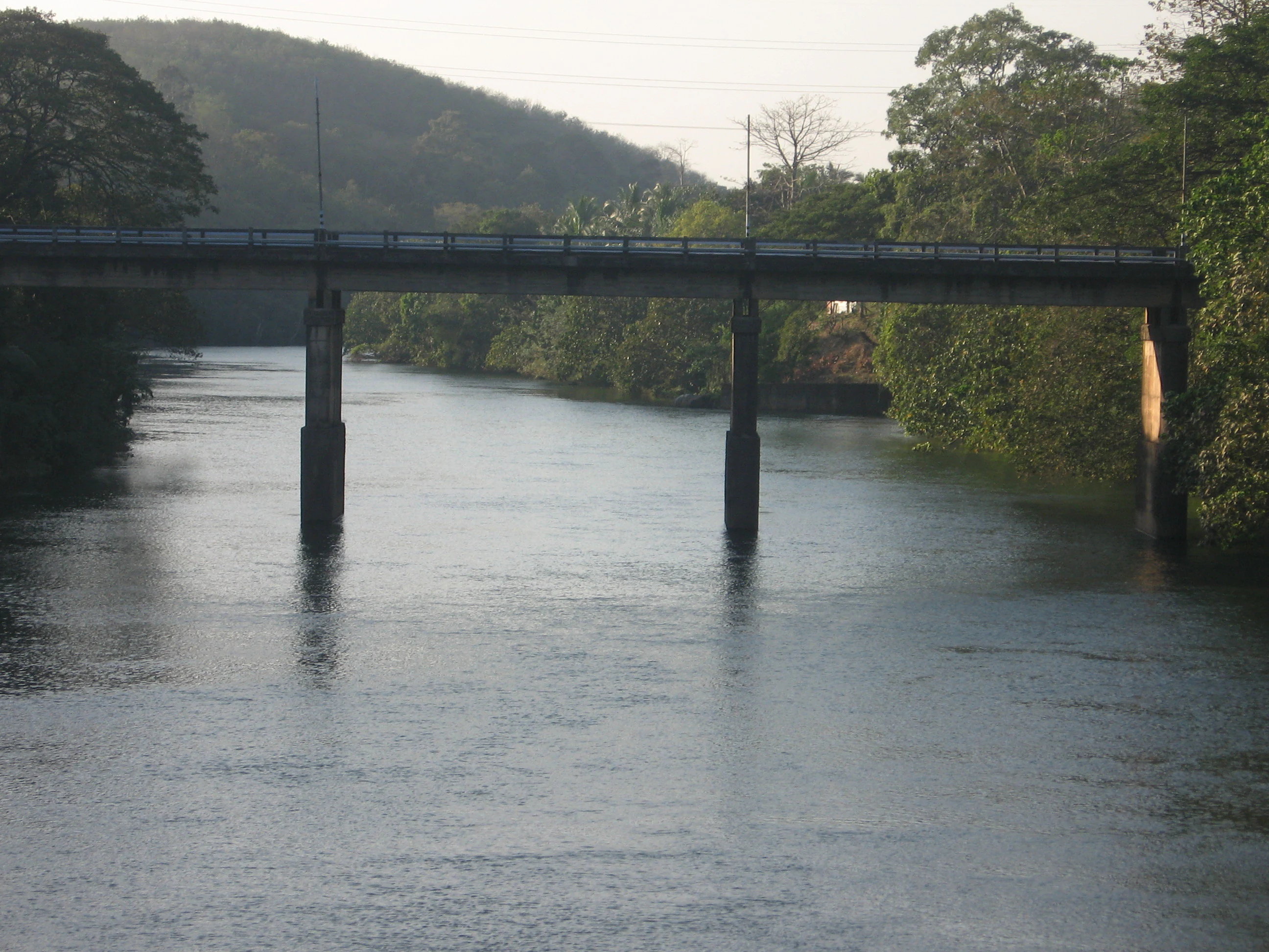 A concrete road bridge supported by several pillars crossing a wide, calm river surrounded by dense green vegetation and forested hills.