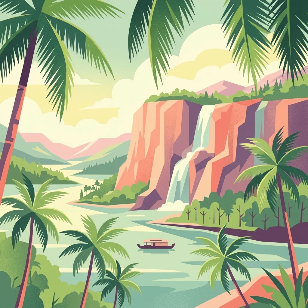 A vibrant graphic art illustration showing a calm river flowing past a large cliff with a waterfall, surrounded by lush palm trees under a bright sky, with a small houseboat in the water.