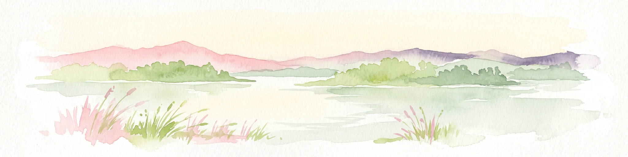 Una pintura de paisaje en acuarela de un lago tranquilo con vegetación verde exuberante en las orillas y colinas onduladas al fondo.
