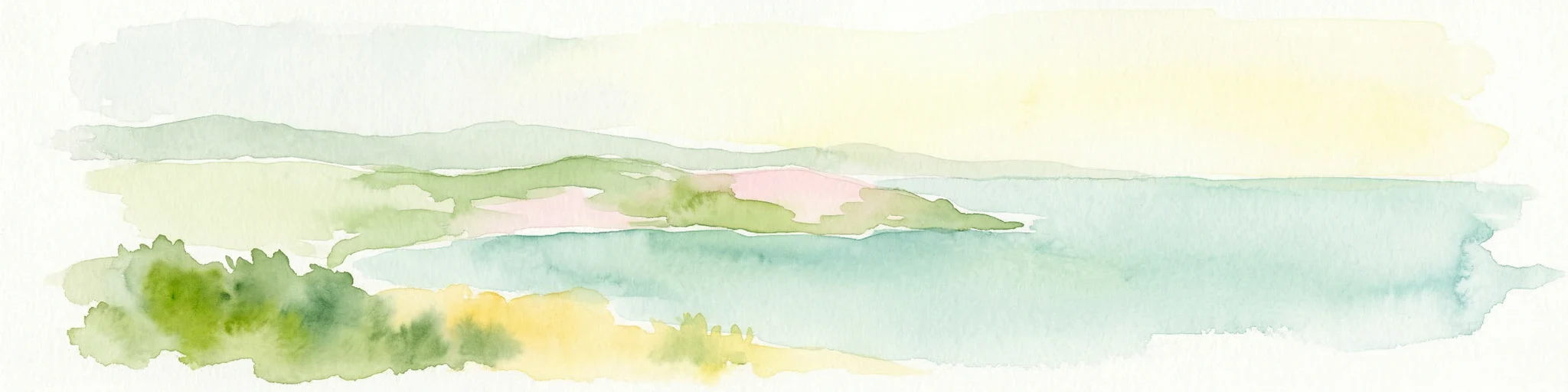 Ilustración acuarela de un paisaje costero con colinas verdes, costa y mar azul bajo un cielo amarillo pálido