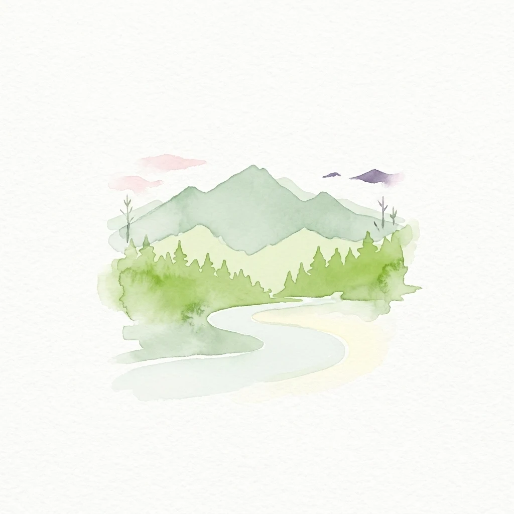 Watercolor illustration showing green mountains, a winding river, forested areas, and clouds in the sky