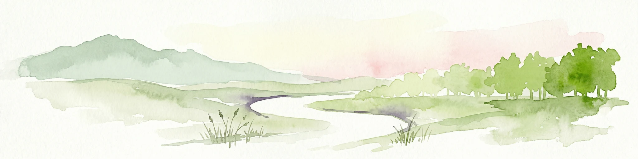 Ilustración en acuarela de un paisaje montañoso con un río sinuoso, árboles y hierba.