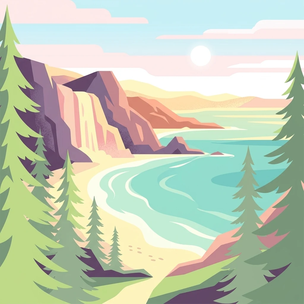 Ilustración vectorial digital de una costa escénica con una playa de arena, agua turquesa, árboles de hoja perenne en primer plano y acantilados a lo lejos bajo un sol pálido.