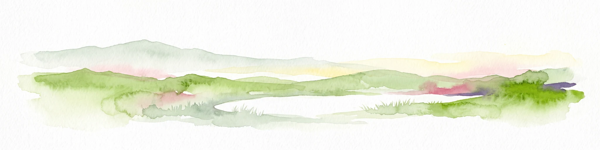 A minimalist watercolor painting depicting a soft green and pastel landscape with rolling hills and a central pond or marshy area on a white background.
