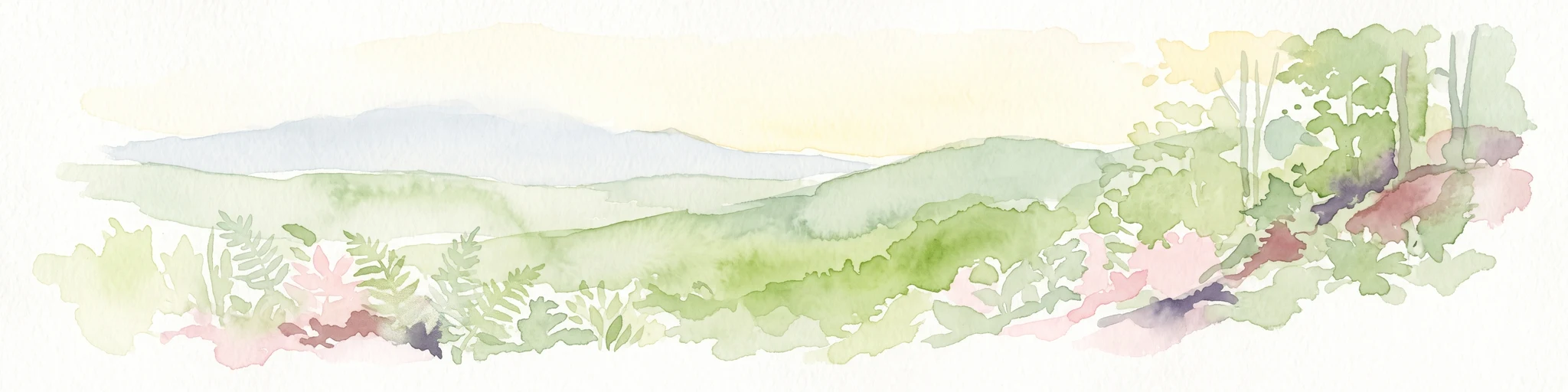 Ilustración en acuarela de un valle verde y frondoso con colinas onduladas, prados y árboles en tonos suaves y apagados.
