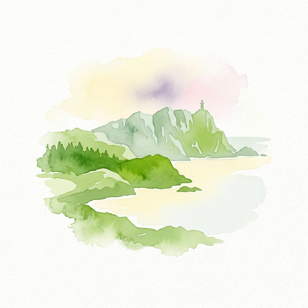 Watercolor illustration of a coastal landscape featuring green hills, a body of water, mountains, and a small tower on a peak.