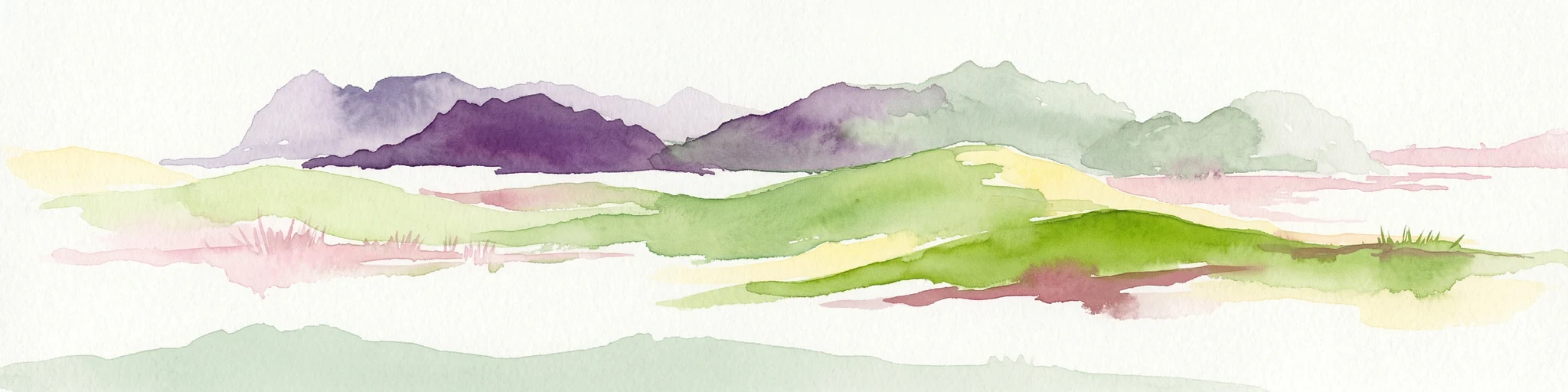 Ilustración en acuarela de colinas verdes onduladas y montañas púrpuras distantes bajo un cielo claro