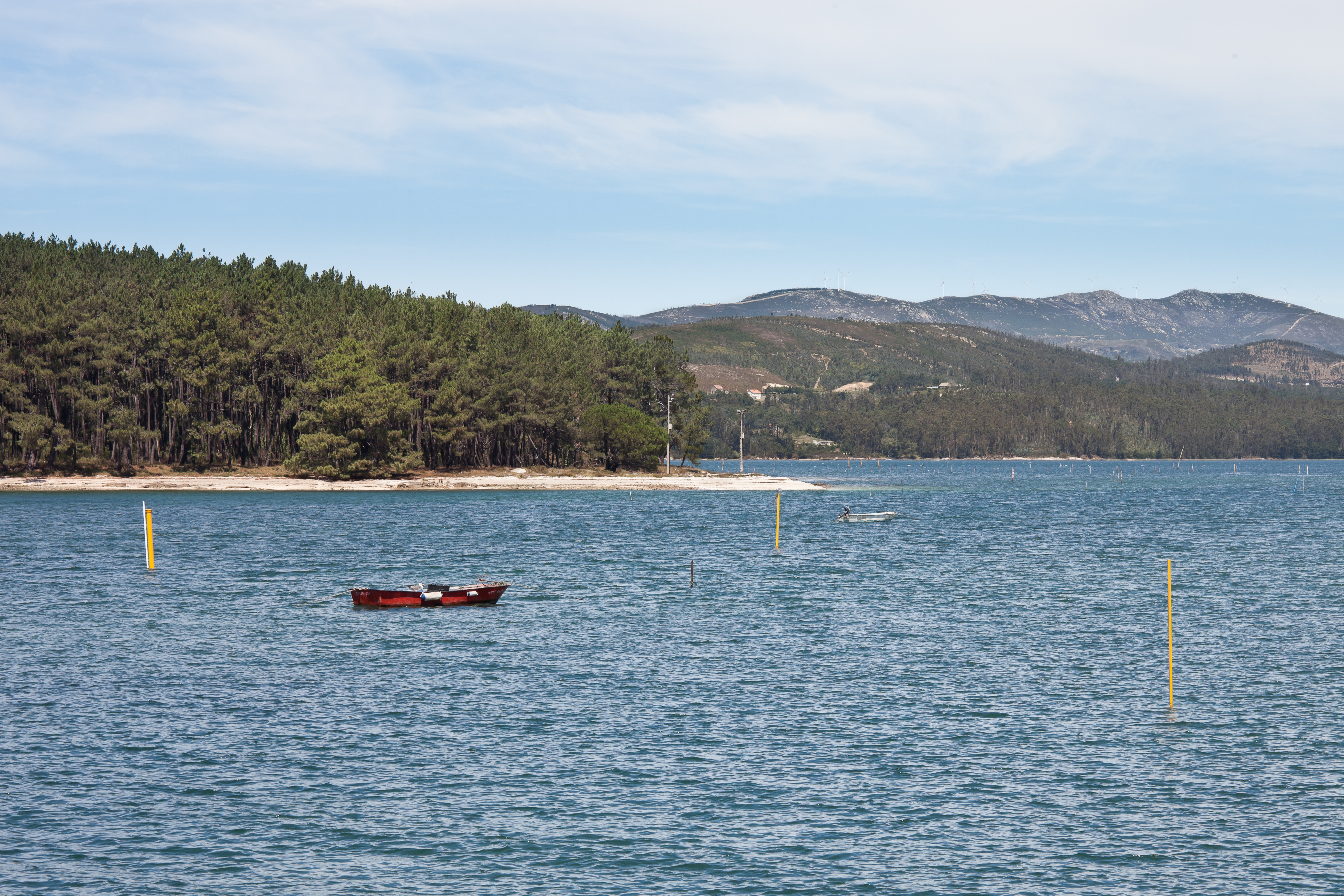 Body of blue water with a small red boat, yellow buoys, forested shoreline with pine trees, and mountains in the background under a partly cloudy sky