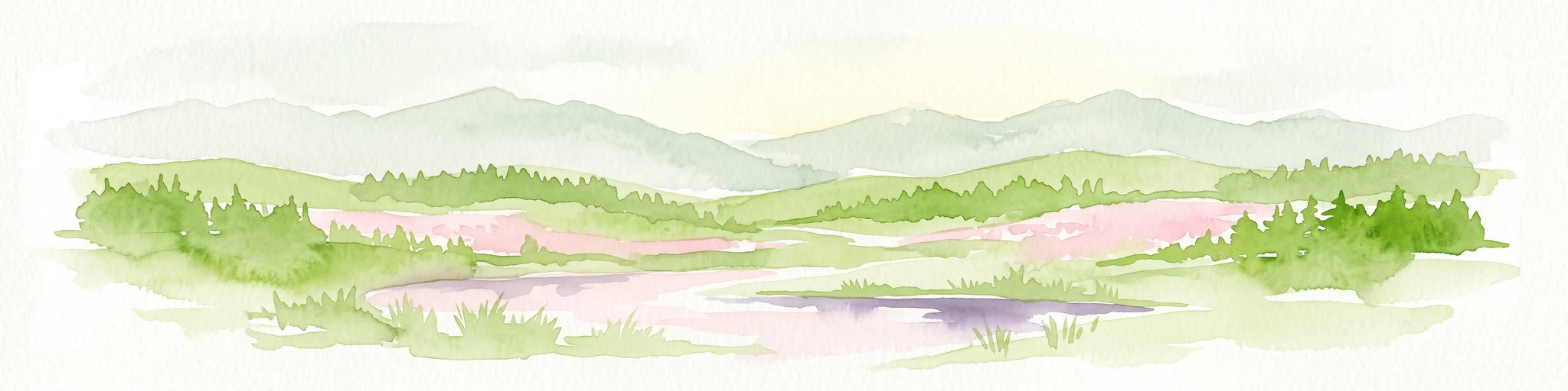A soft, painterly watercolor illustration of a rolling green landscape with a gentle stream or wetland area in the foreground and rounded hills in the background.