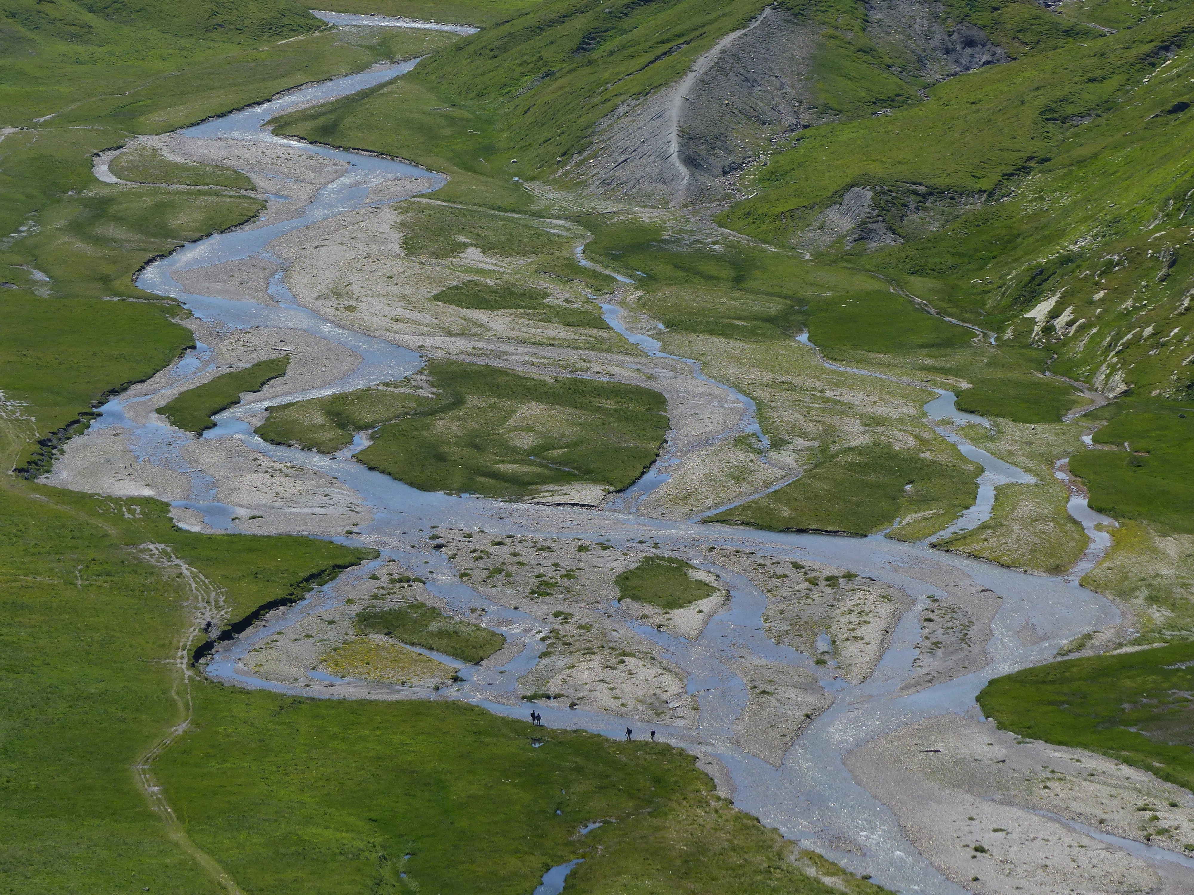 An aerial view of a braided river winding through green alpine meadows, with gravel riverbanks and rolling grassy hills.