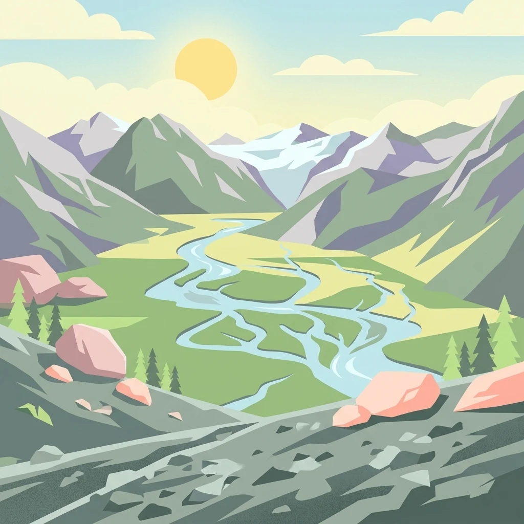 A flat vector-style illustration of a high alpine river valley with a braided stream flowing through a green meadow, surrounded by steep mountain peaks and rocky slopes under a bright sun.