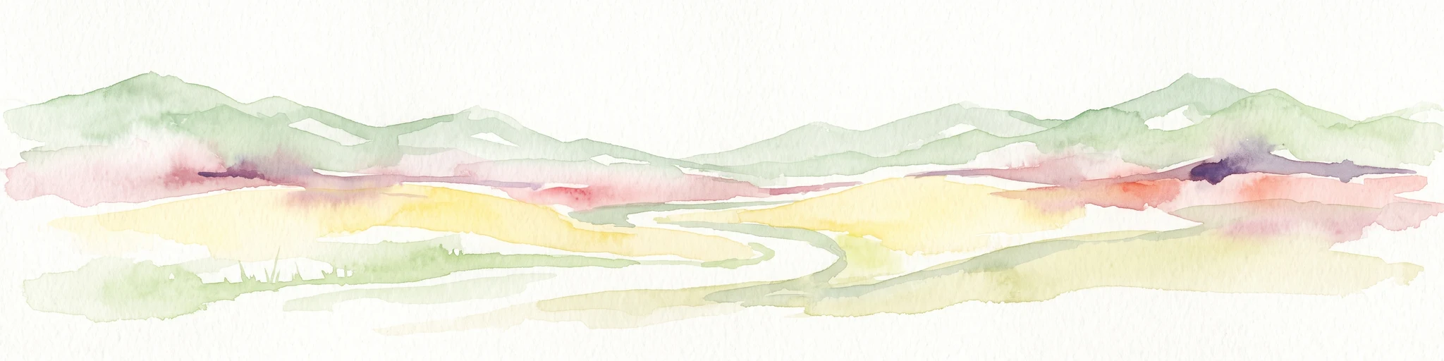Una pintura minimalista en acuarela que representa un río serpenteante a través de un valle alpino plano rodeado de suaves cadenas montañosas.