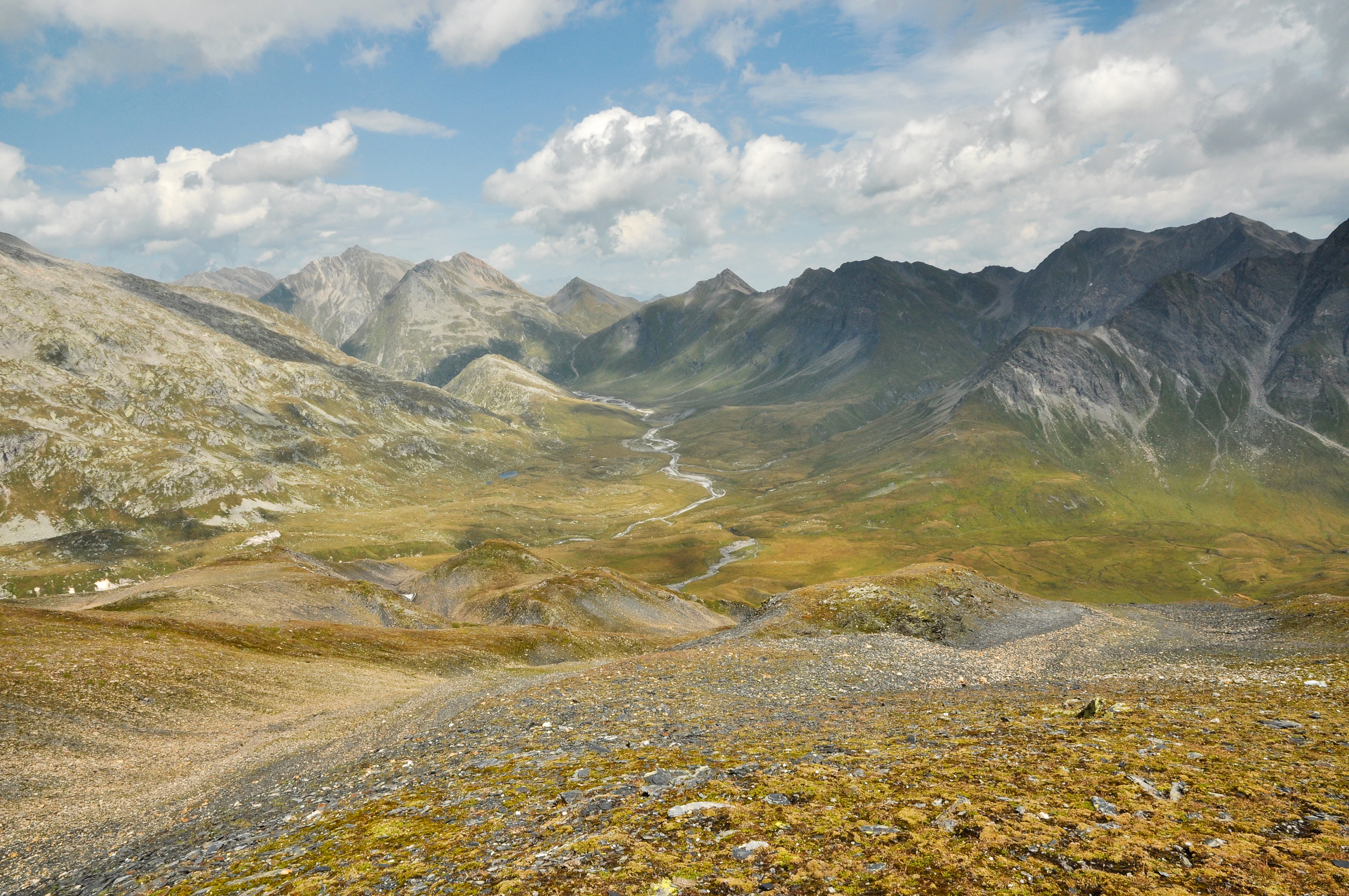 A high angle, wide landscape photograph looking down into a vast, grassy mountain valley with a winding river and rugged alpine peaks in the distance.