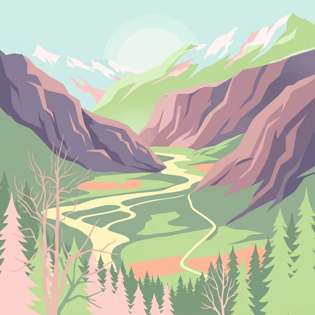 Una ilustración gráfica que muestra un río serpenteante atravesando un valle entre montañas escarpadas, con un bosque en primer plano.