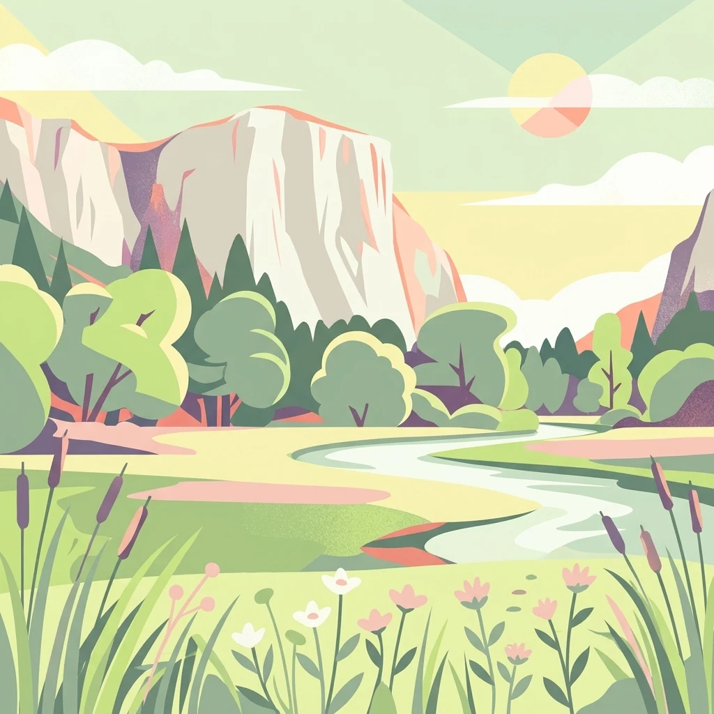 A stylized, flat-design illustration showing a calm river winding through a grassy wetland with tall cattails and wildflowers in the foreground, and large mountain cliffs in the distance under a pale sun.