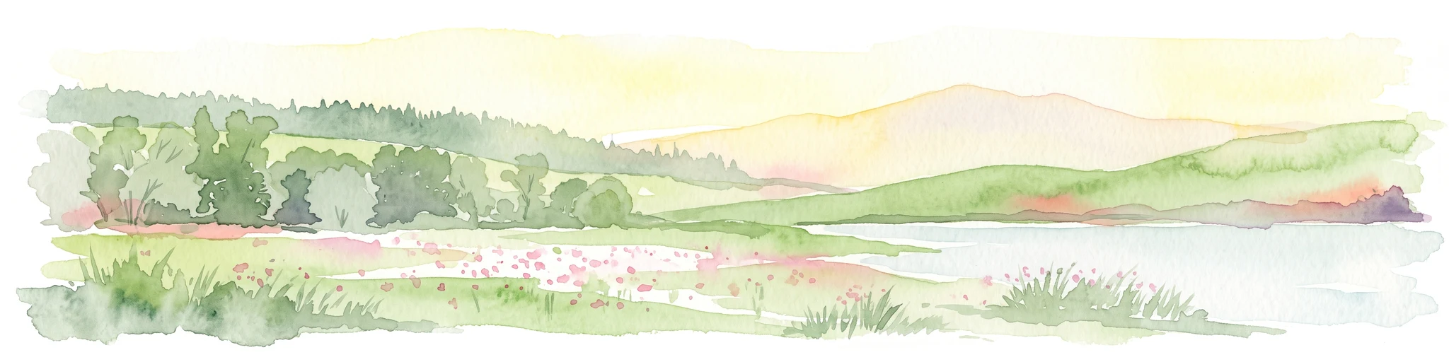 Watercolor painting of a lush, open landscape with a pond in the foreground, rolling green hills, and a forest in the background.