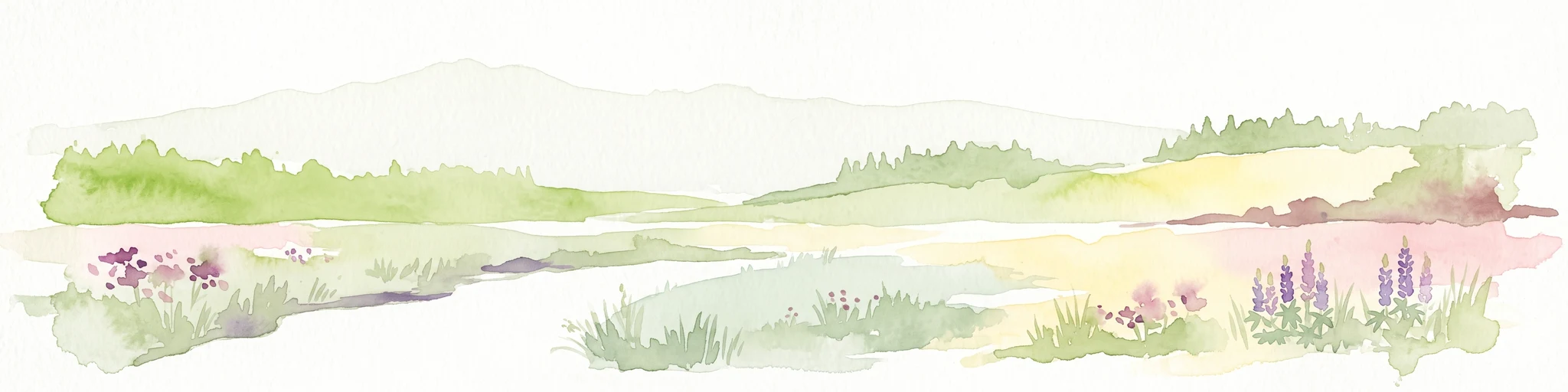 Una pintura horizontal en acuarela que representa un paisaje de enfoque suave con campos verdes, parches de flores silvestres y colinas bajas a lo lejos.
