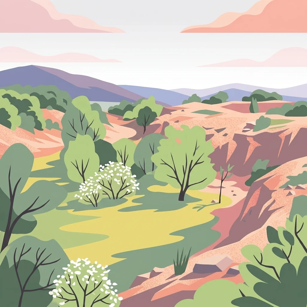 A stylized vector illustration showing a landscape with soft green meadows, scattered trees, and rocky, terracotta-colored hills under a pale sky with pink-hued clouds.