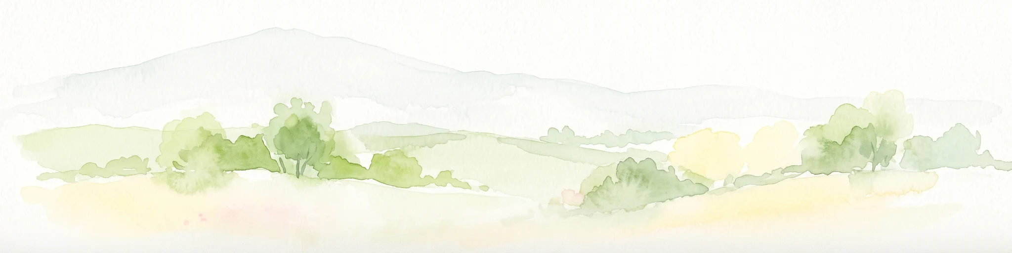 A pale watercolor painting showing a rolling landscape with soft green hills, scattered trees, and a hazy mountain silhouette against a white background.