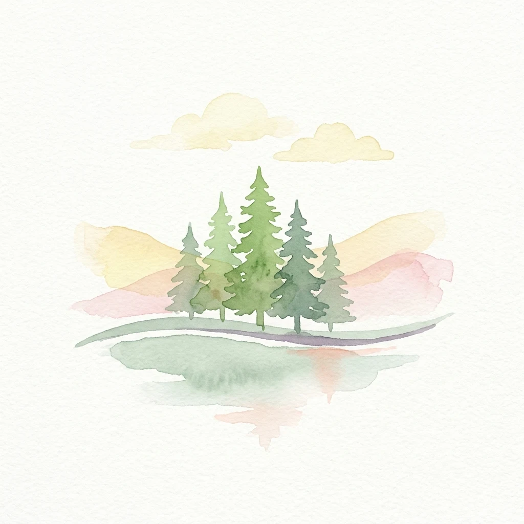 Watercolor artwork depicting pine trees on a small landmass surrounded by water with reflections and light-colored clouds above