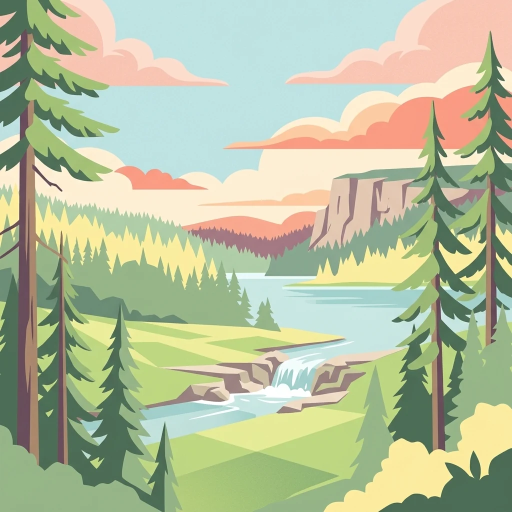 Escena de paisaje ilustrada con un río con cascada, pinos, colinas onduladas y cielo colorido