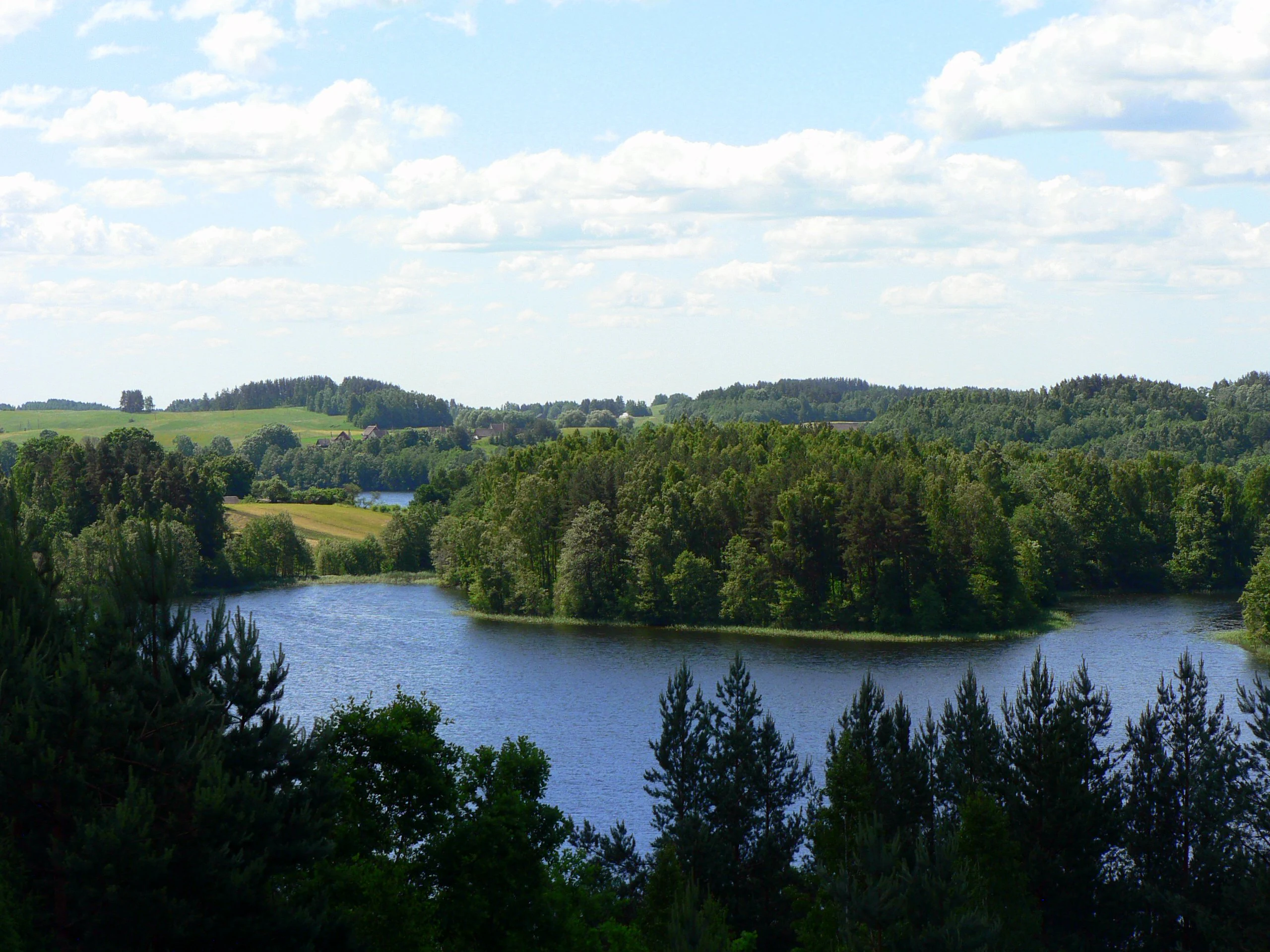 A serene lake surrounded by dense forests with rolling hills in the background under a partly cloudy sky