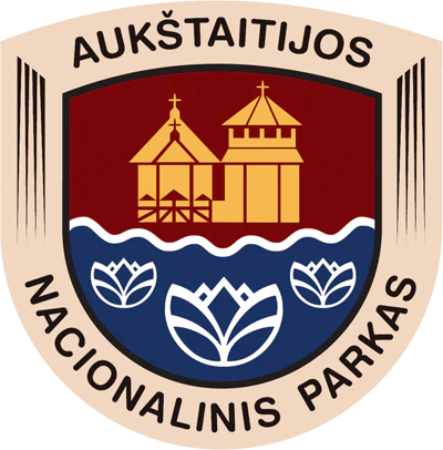 Emblem of Aukštaitija National Park with two yellow buildings on red background, blue water line, and three white flowers