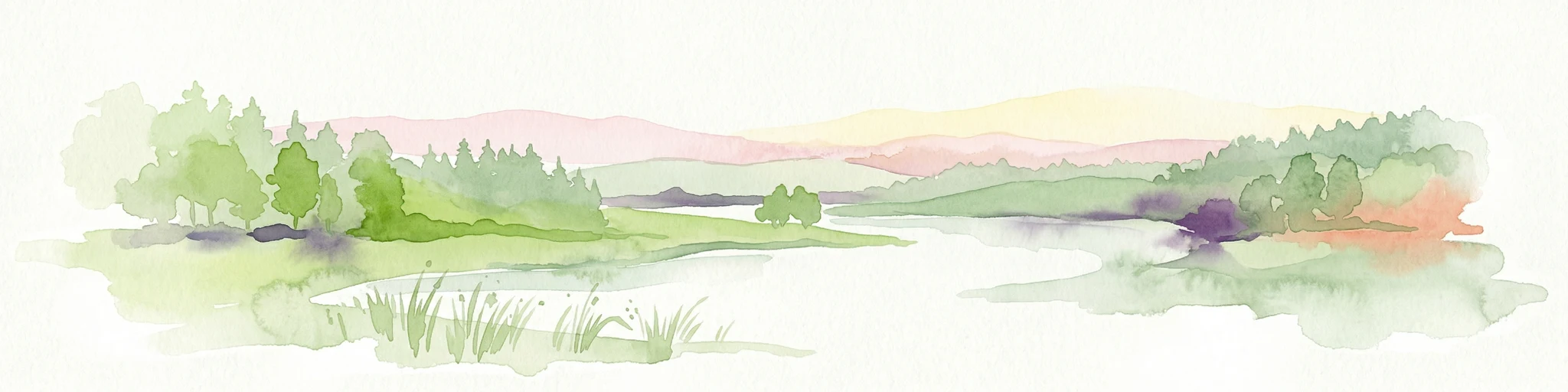 Pintura de acuarela de un lago rodeado de árboles con un cielo al atardecer