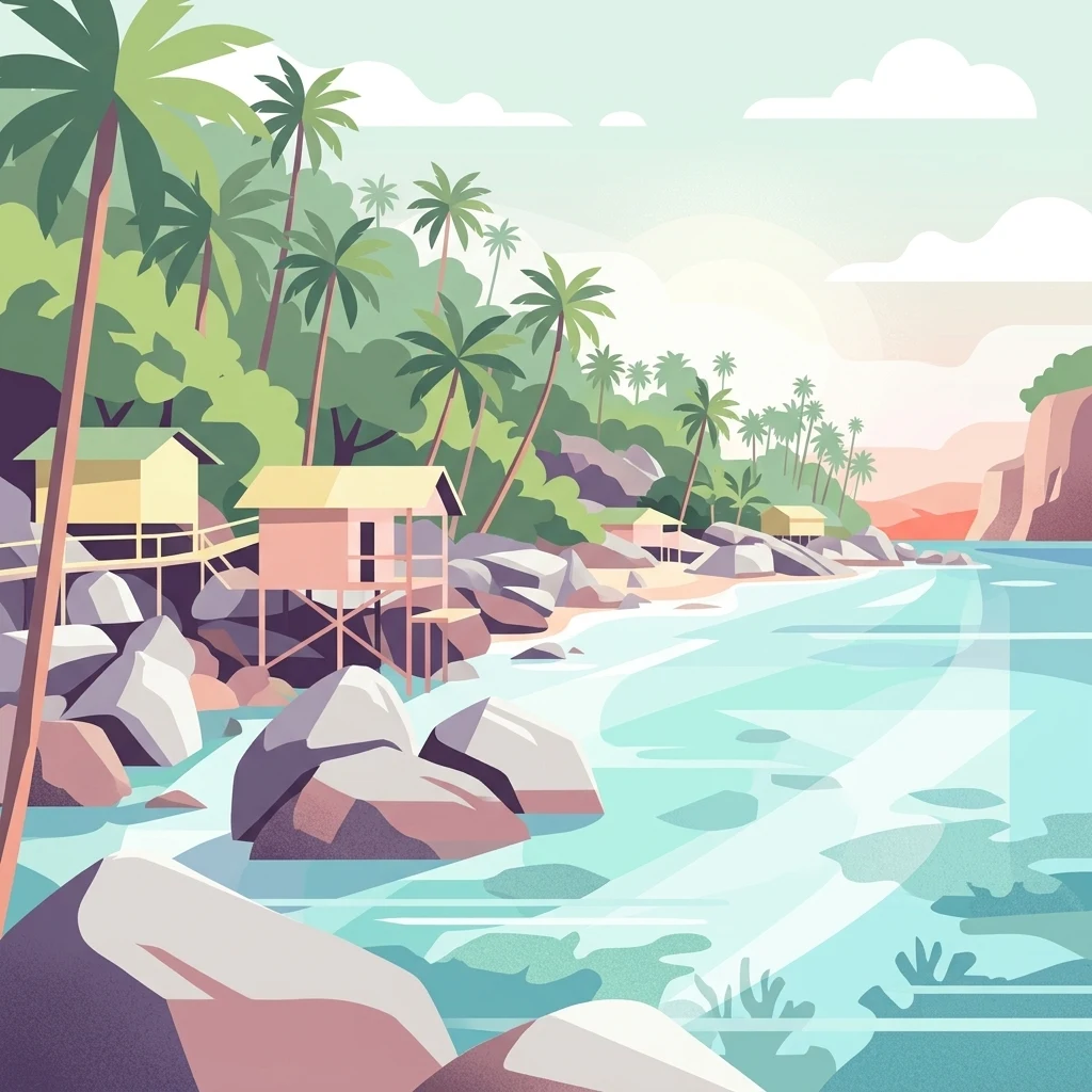 Una ilustración digital de una costa tropical con palmeras, pequeños bungalós sobre pilotes en las rocas y aguas poco profundas y cristalinas.