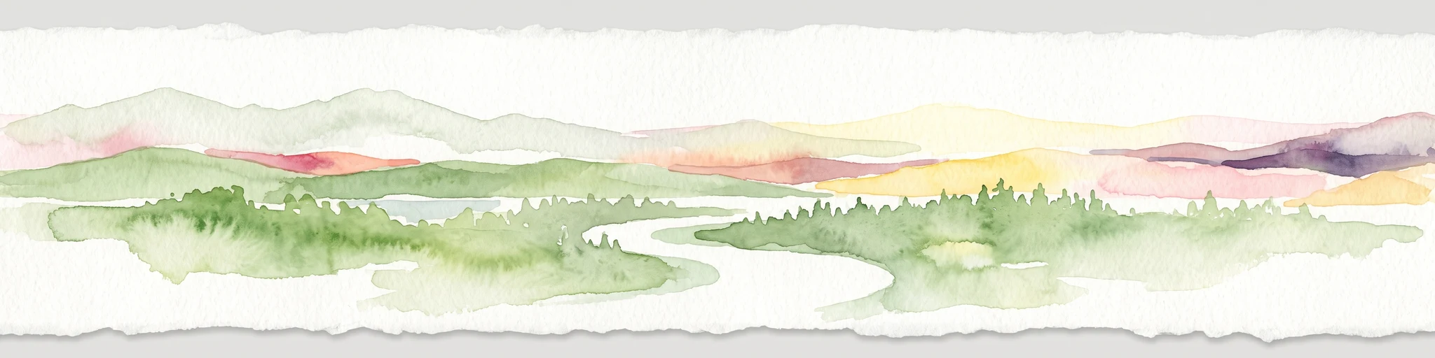 Watercolor illustration of a horizontal landscape featuring a winding river, green forests, and soft, pastel colored mountain ridges against a white background.