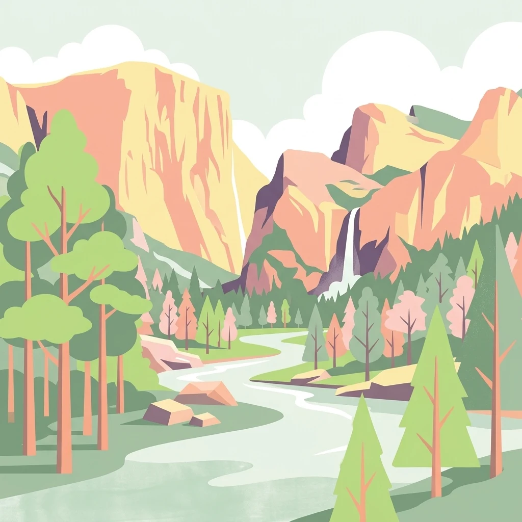 A graphic illustration showing a river winding through a valley surrounded by tall cliffs, a waterfall, and evergreen trees.