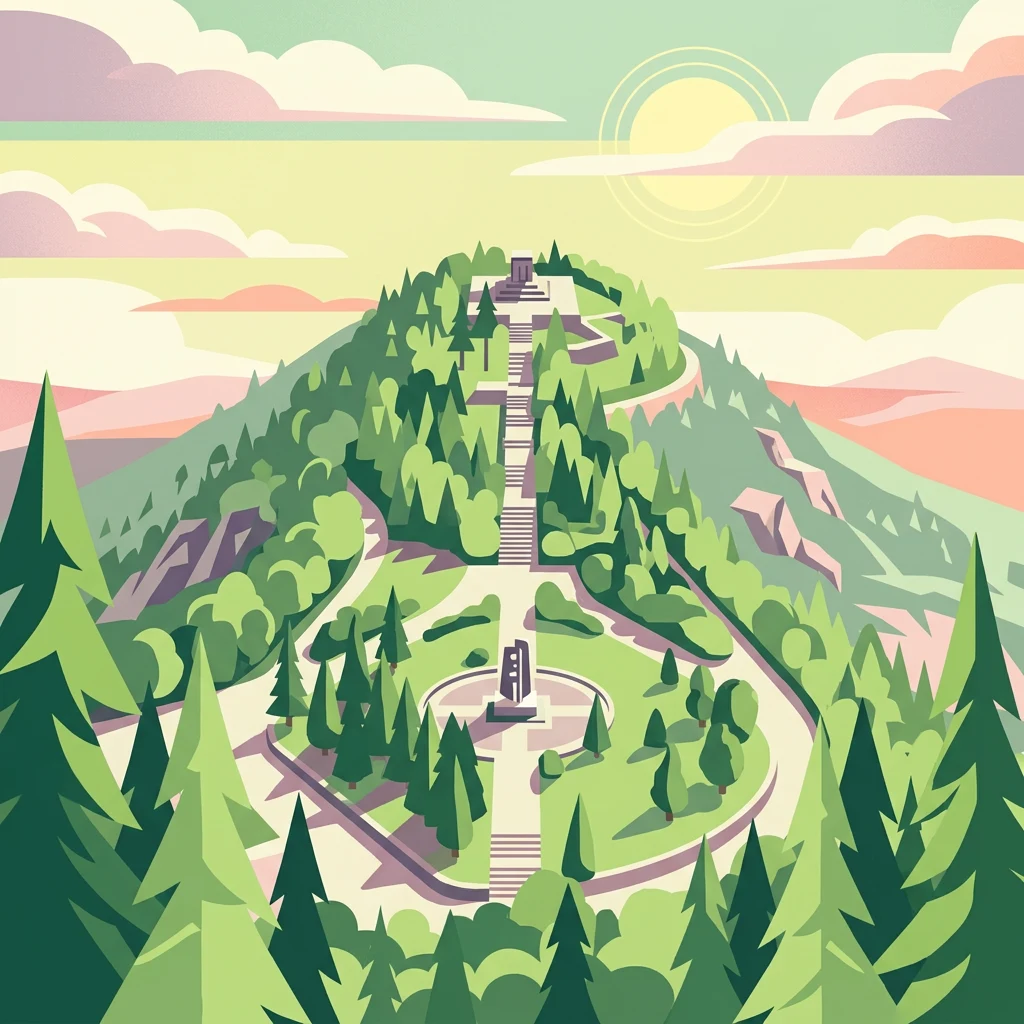 Ilustración estilizada del monte Avala que muestra un monumento central, senderos serpenteantes y laderas boscosas bajo un cielo colorido