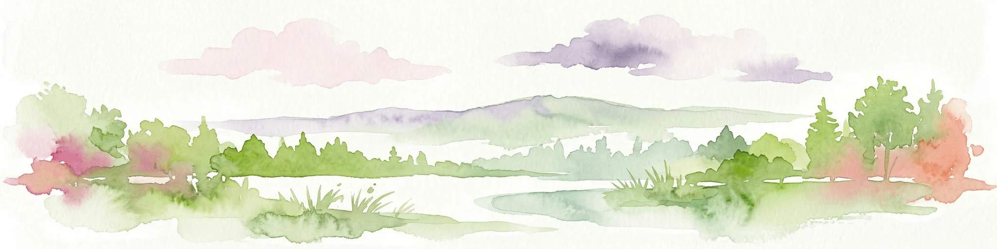 Pintura de acuarela de un paisaje con colinas ondulantes, un lago, árboles y un cielo con nubes