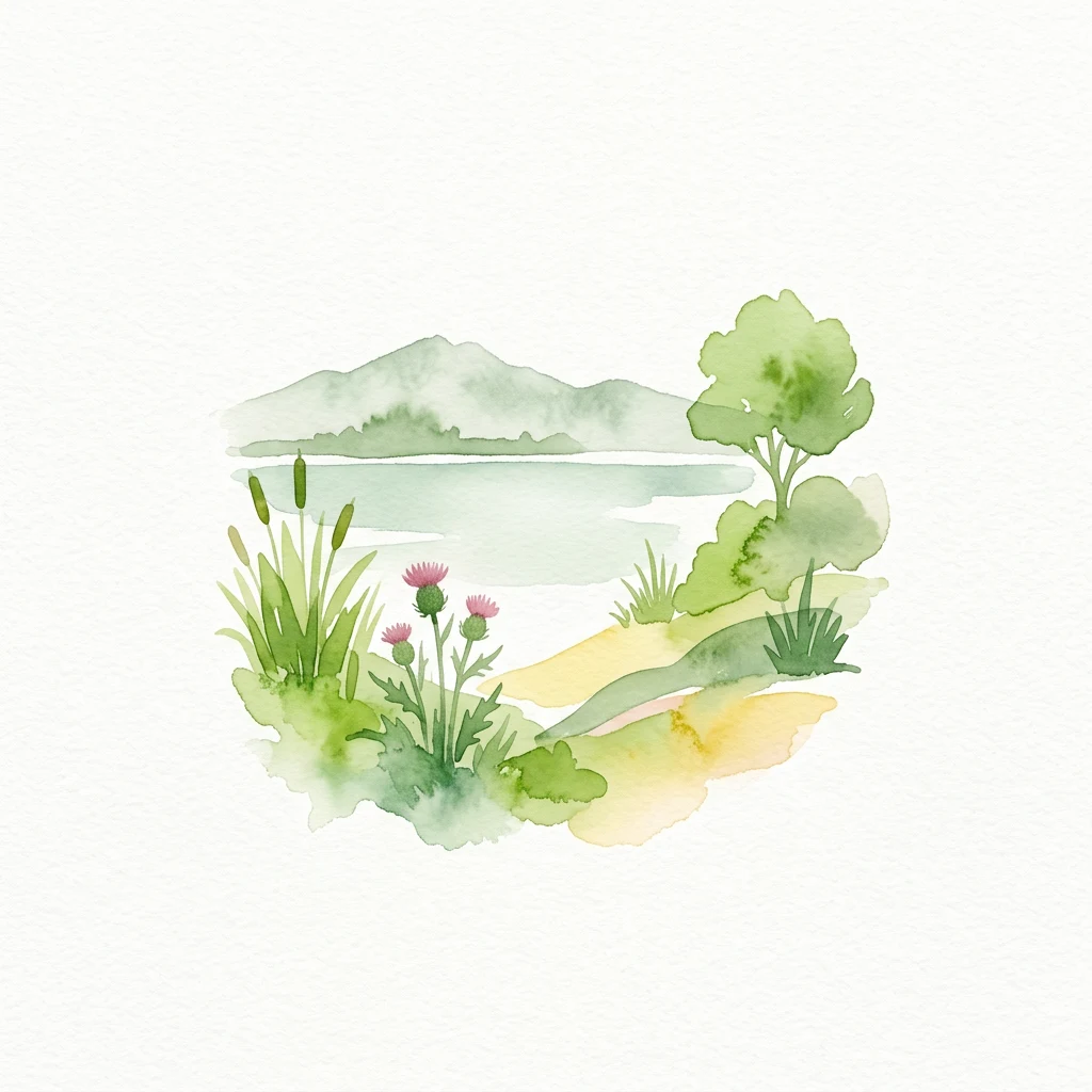 Ilustración acuarela de un paisaje de humedal con hierba alta, cardos rosados, un árbol pequeño y montañas distantes reflejadas en agua tranquila.