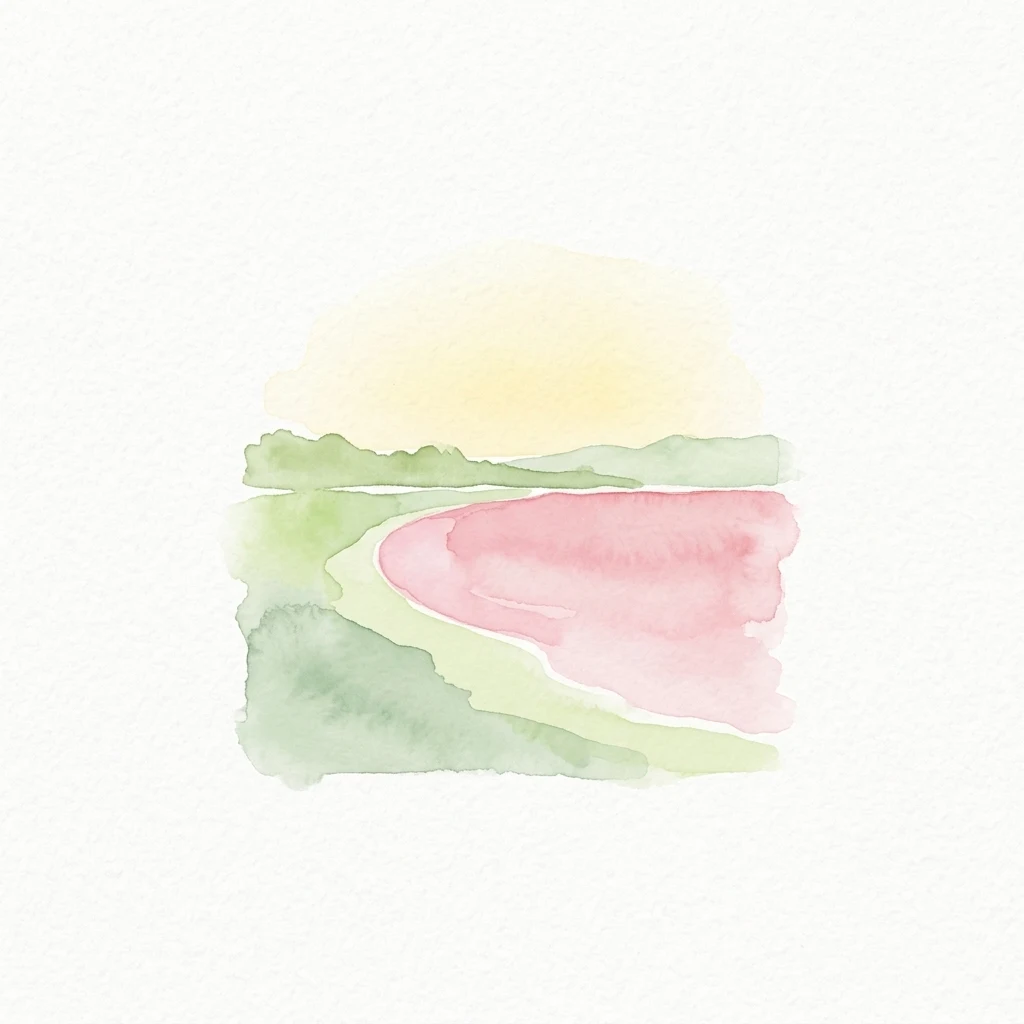 Watercolor painting showing a coastal wetland with green and pink areas